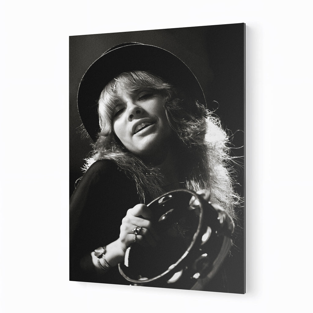 Stevie Nicks 1977 Rumours Tour Oakland Day on the Green black and white concert portrait on sleek aluminium metal