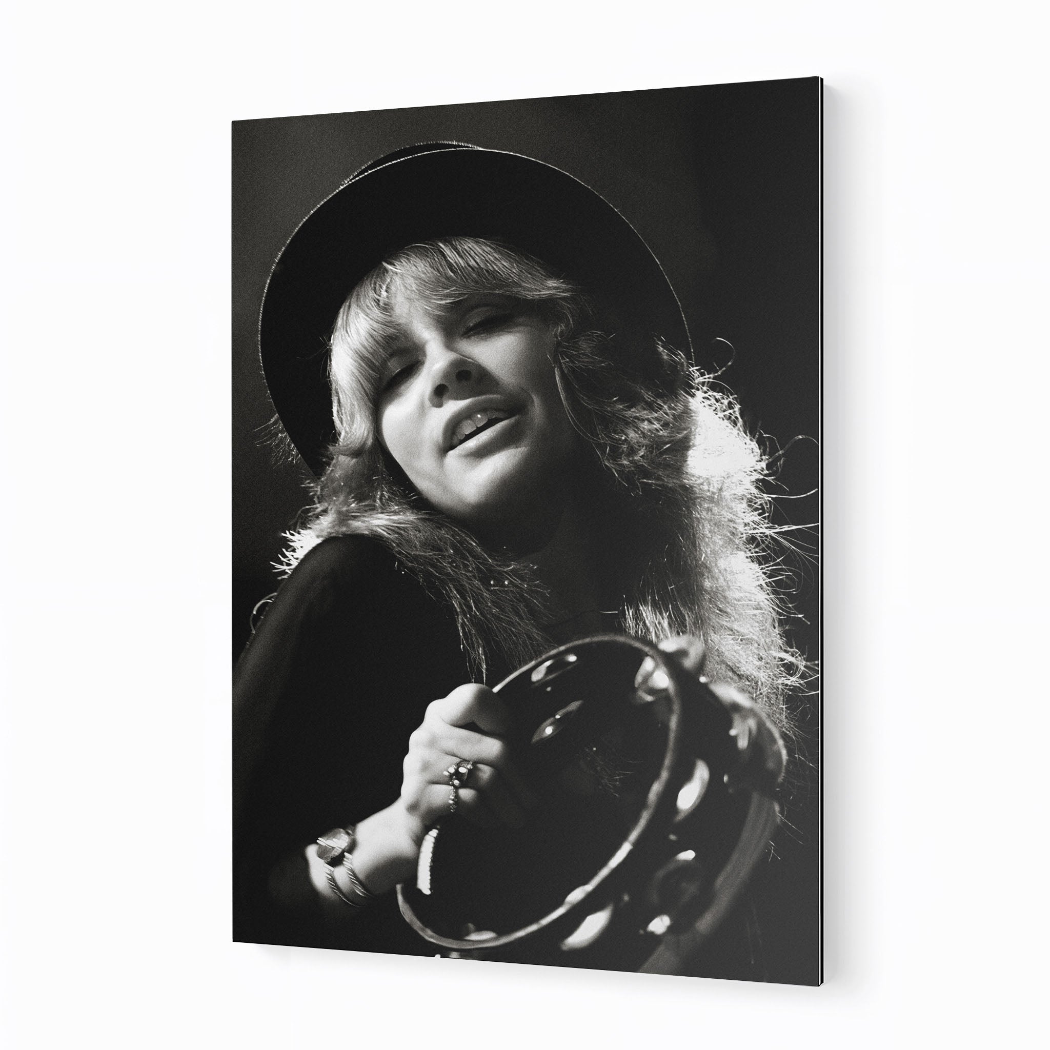 Stevie Nicks 1977 Rumours Tour Oakland Day on the Green black and white concert portrait on sleek aluminium metal