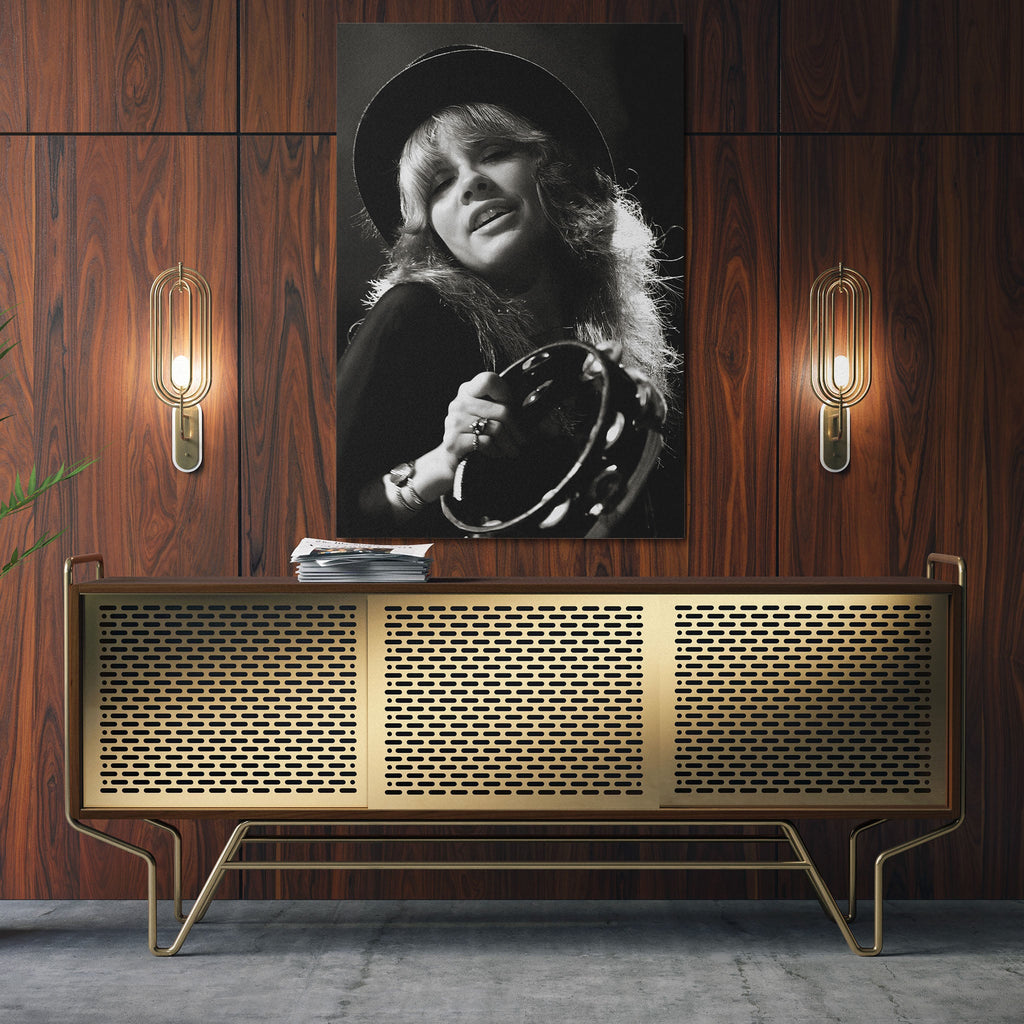 Aluminium metal print of the Stevie Nicks Fleetwood Mac 1977 Oakland black and white portrait