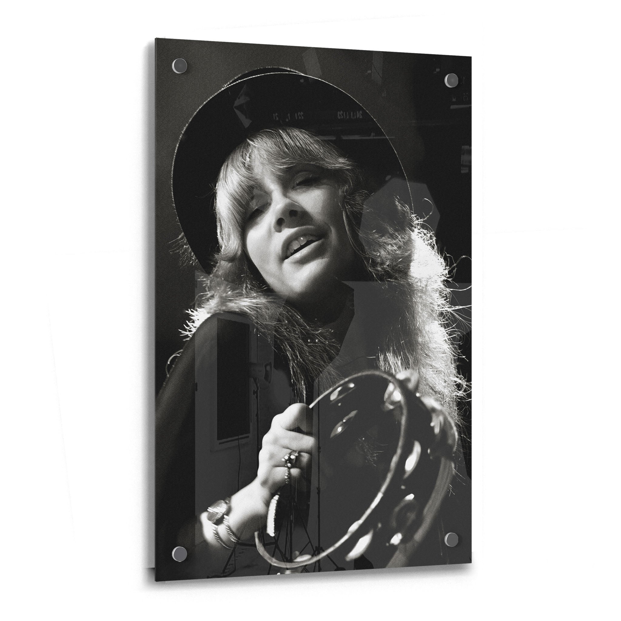 Stevie Nicks 1977 Rumours Tour Oakland Day on the Green black and white concert portrait on glossy acrylic glass