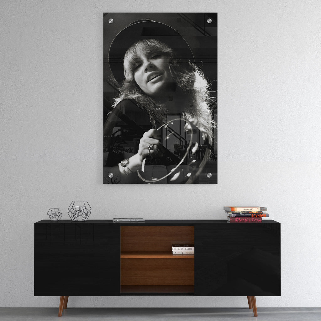 High-gloss acrylic print of the Stevie Nicks Fleetwood Mac 1977 Oakland black and white portrait