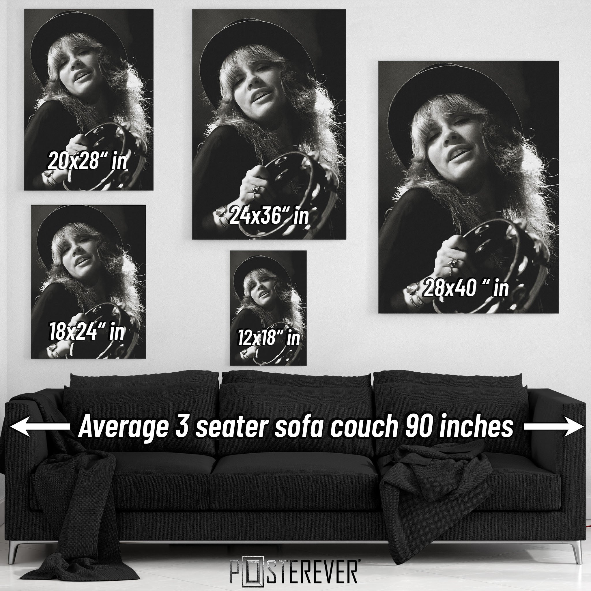 Wall art size comparison chart displaying multiple print dimensions above an average 3-seater sofa