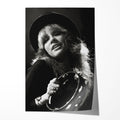 Stevie Nicks Fleetwood Mac 1977 Oakland Day on the Green black and white concert portrait with top hat and tambourine, unframed poster preview