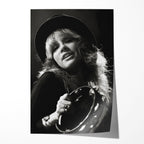 Stevie Nicks Fleetwood Mac 1977 Oakland Day on the Green black and white concert portrait with top hat and tambourine, unframed poster preview