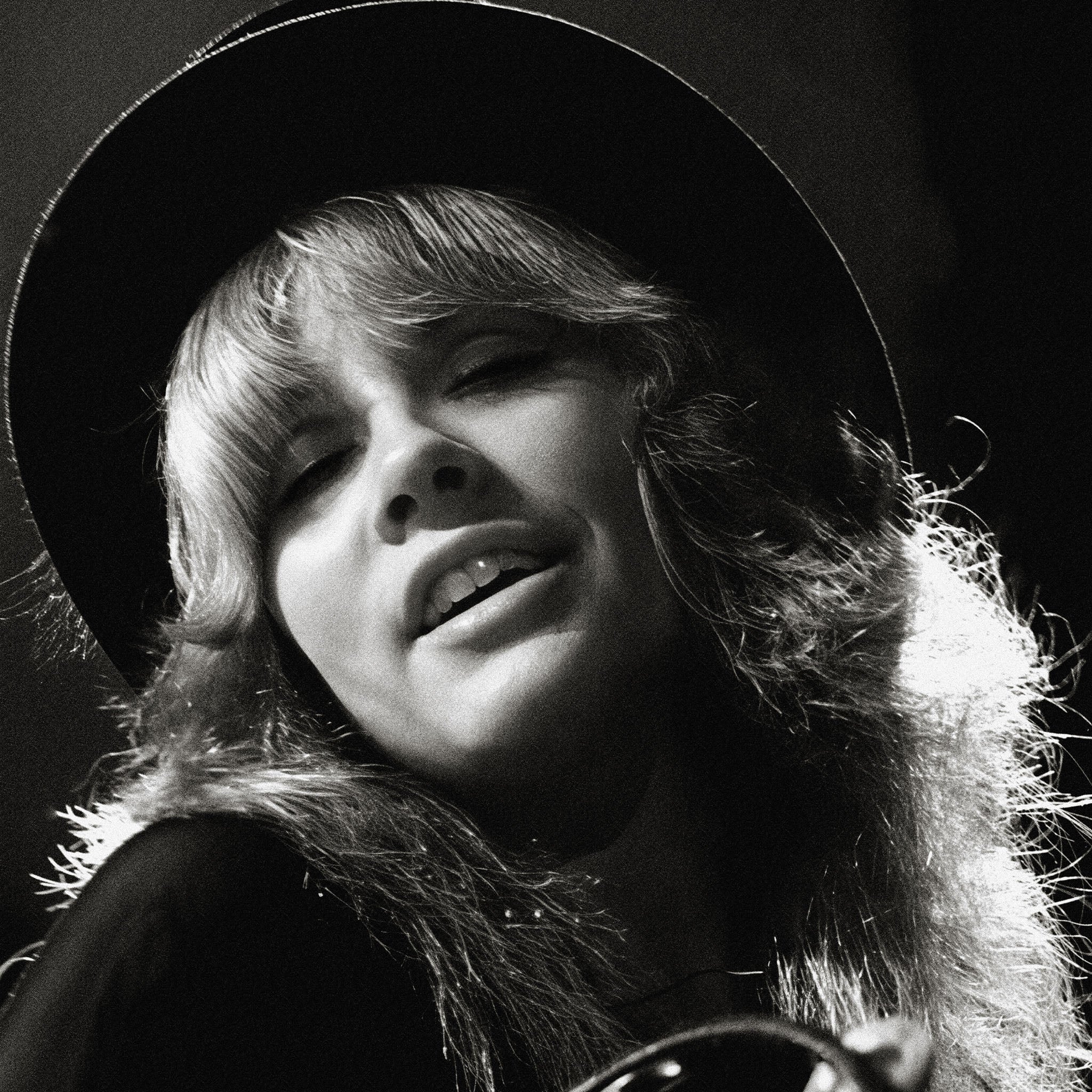 Medium zoom highlighting the crisp detail and deep contrast of the Stevie Nicks 1977 Oakland black and white print