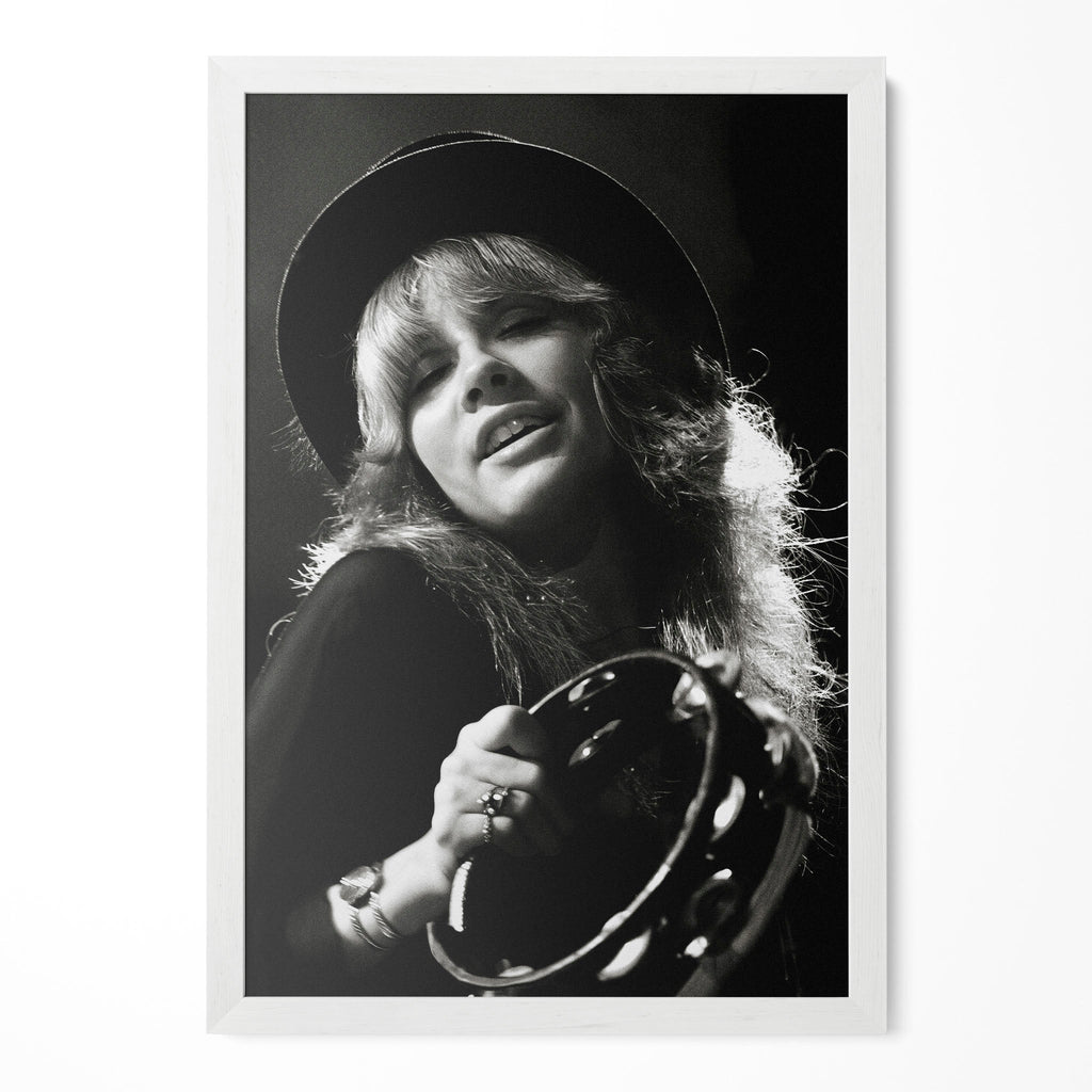 Stevie Nicks 1977 Rumours Tour Oakland Day on the Green black and white concert portrait in a classic white poster frame