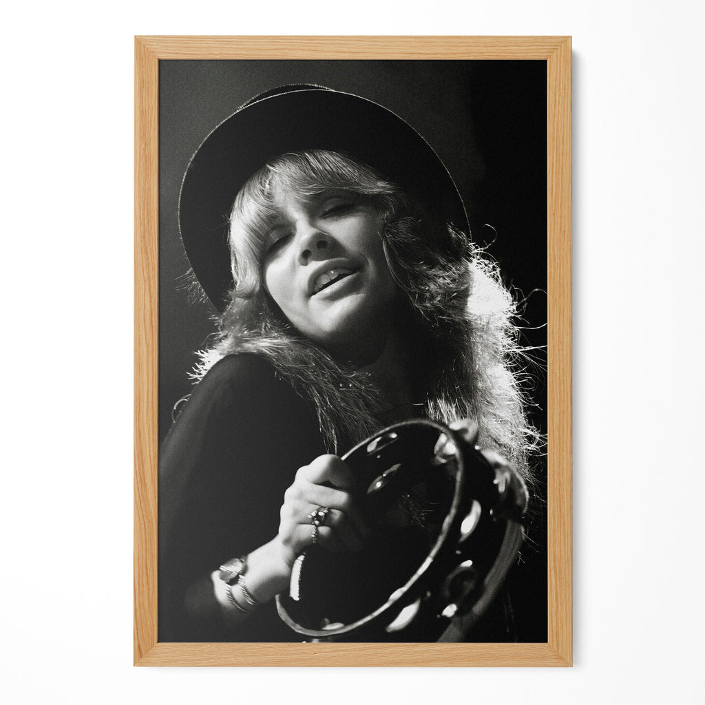 Stevie Nicks 1977 Rumours Tour Oakland Day on the Green black and white concert portrait in a natural oak poster frame