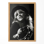 Stevie Nicks 1977 Rumours Tour Oakland Day on the Green black and white concert portrait in a natural oak poster frame