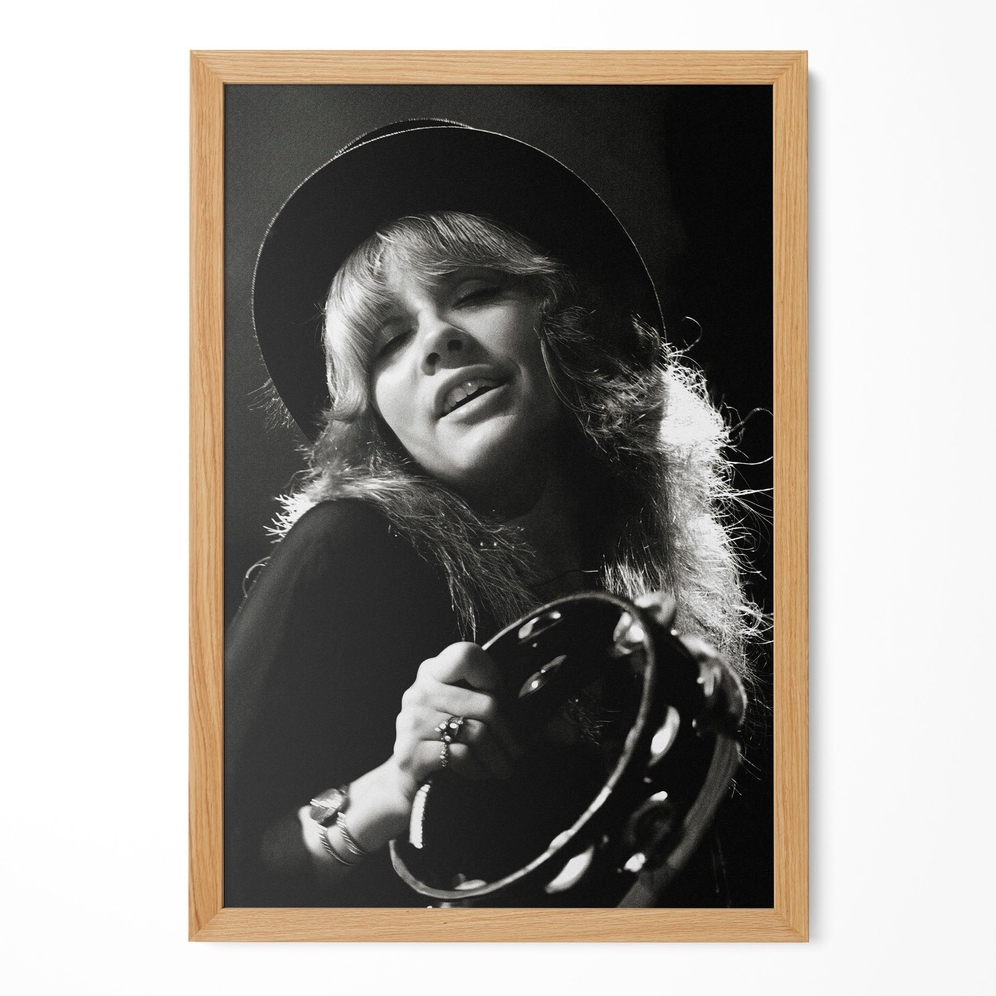 Stevie Nicks 1977 Rumours Tour Oakland Day on the Green black and white concert portrait in a natural oak poster frame