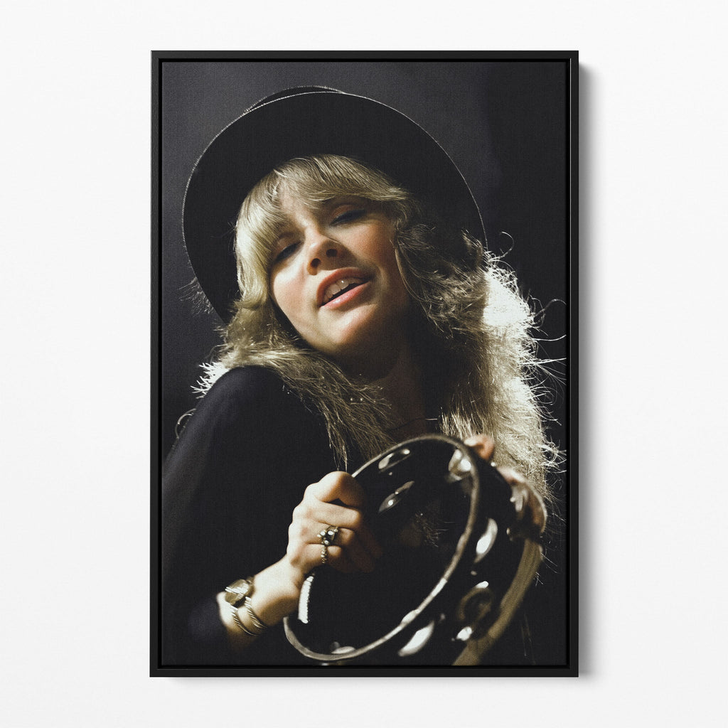 Front view of the Stevie Nicks 1977 Oakland colour canvas in a black floating frame