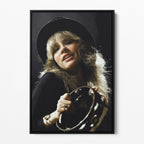 Front view of the Stevie Nicks 1977 Oakland colour canvas in a black floating frame