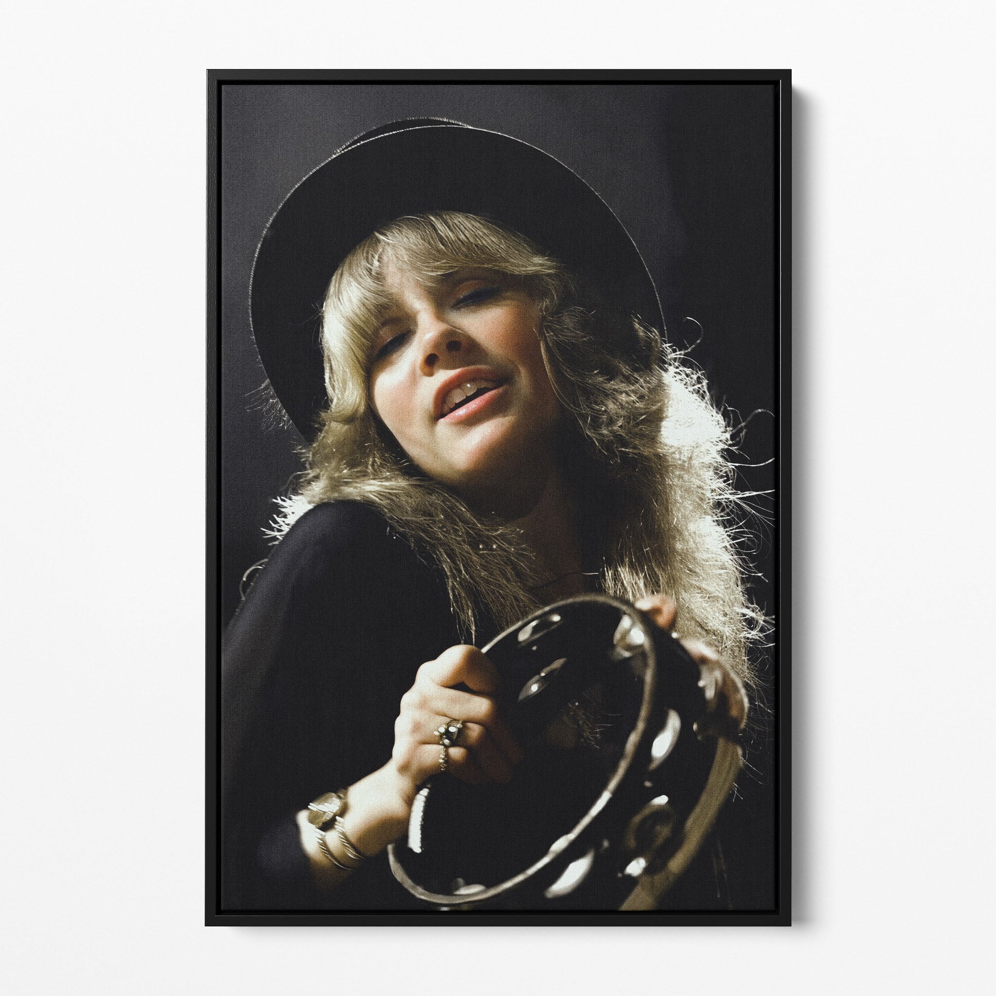 Front view of the Stevie Nicks 1977 Oakland colour canvas in a black floating frame