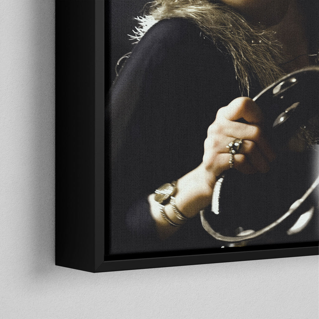 Corner close-up of the black floating frame on the Stevie Nicks 1977 Oakland colour canvas