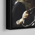 Corner close-up of the black floating frame on the Stevie Nicks 1977 Oakland colour canvas
