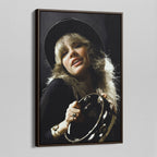 Angled view of the Stevie Nicks 1977 Oakland colour canvas in a dark walnut floating frame