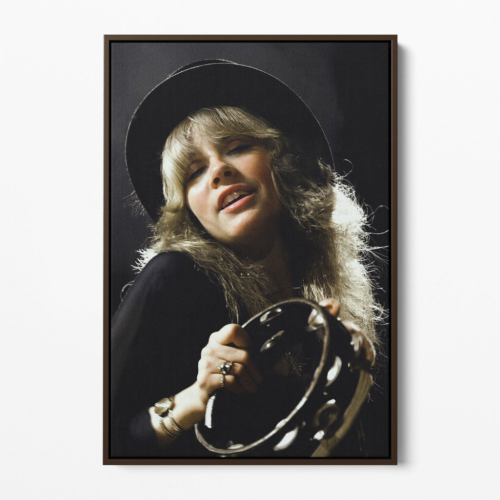 Front view of the Stevie Nicks 1977 Oakland colour canvas in a dark walnut floating frame