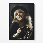 Front view of the Stevie Nicks 1977 Oakland colour canvas in a dark walnut floating frame
