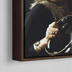 Corner close-up of the dark walnut floating frame on the Stevie Nicks 1977 Oakland colour canvas