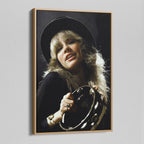 Angled view of the Stevie Nicks 1977 Oakland colour canvas in a natural oak floating frame