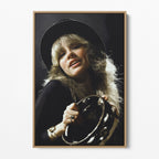 Front view of the Stevie Nicks 1977 Oakland colour canvas in a natural oak floating frame