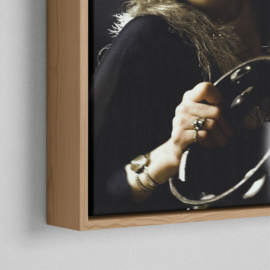 Corner close-up of the natural oak floating frame on the Stevie Nicks 1977 Oakland colour canvas