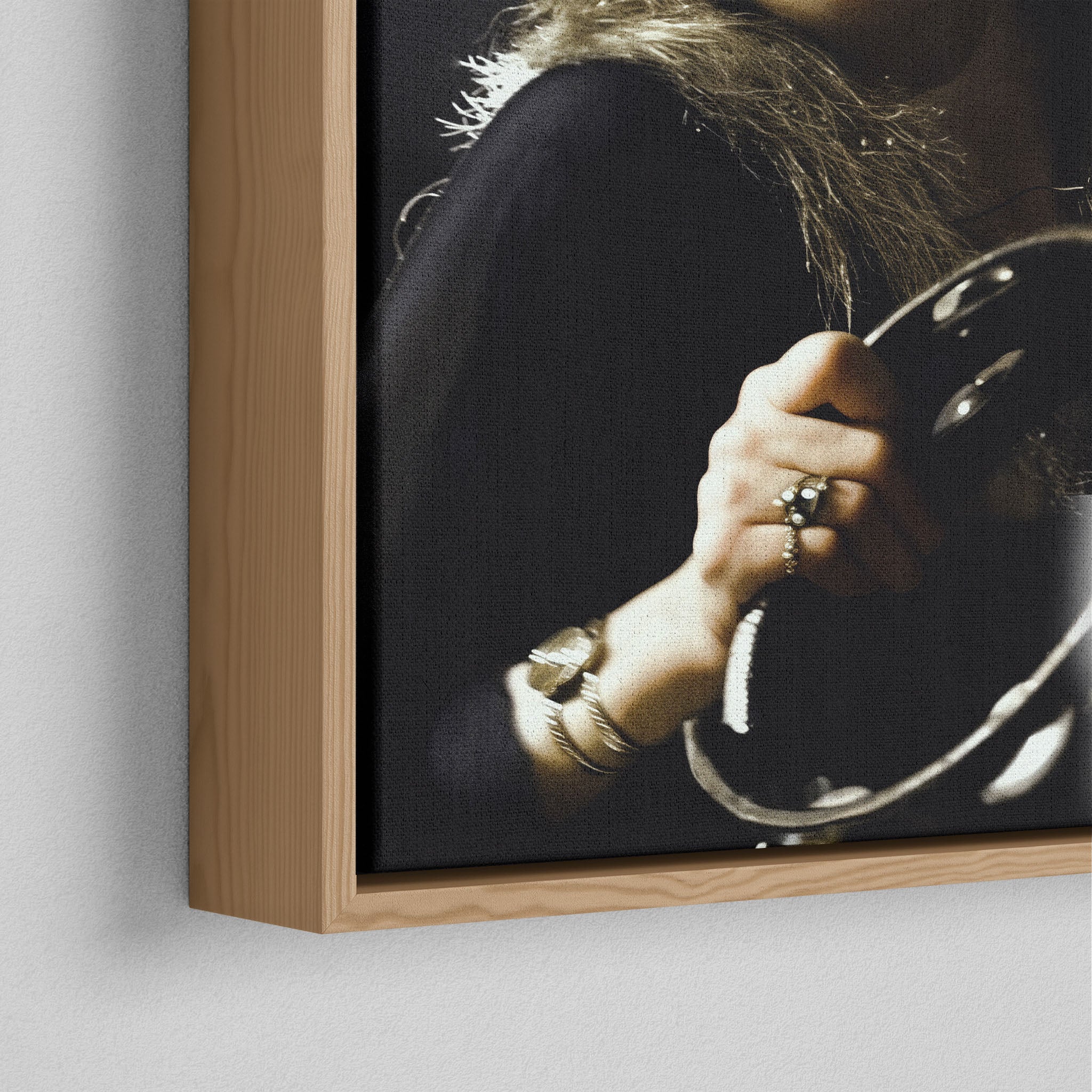 Corner close-up of the natural oak floating frame on the Stevie Nicks 1977 Oakland colour canvas
