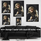 Wall art size comparison chart displaying multiple print dimensions above an average 3-seater sofa