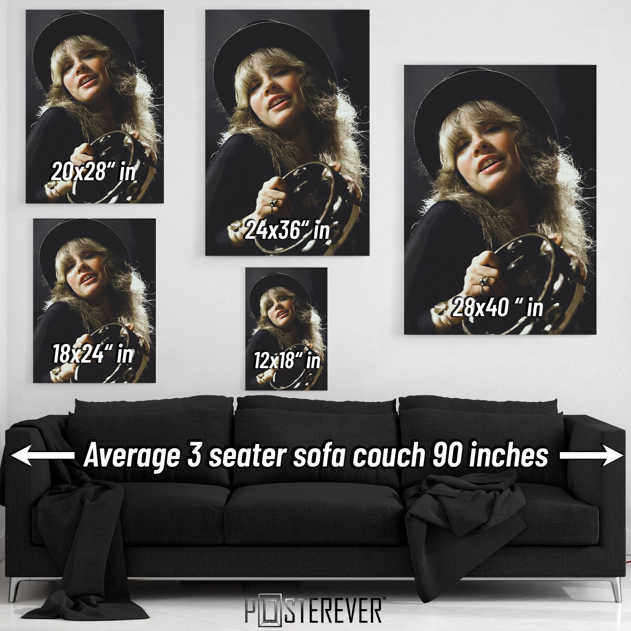 Wall art size comparison chart displaying multiple print dimensions above an average 3-seater sofa
