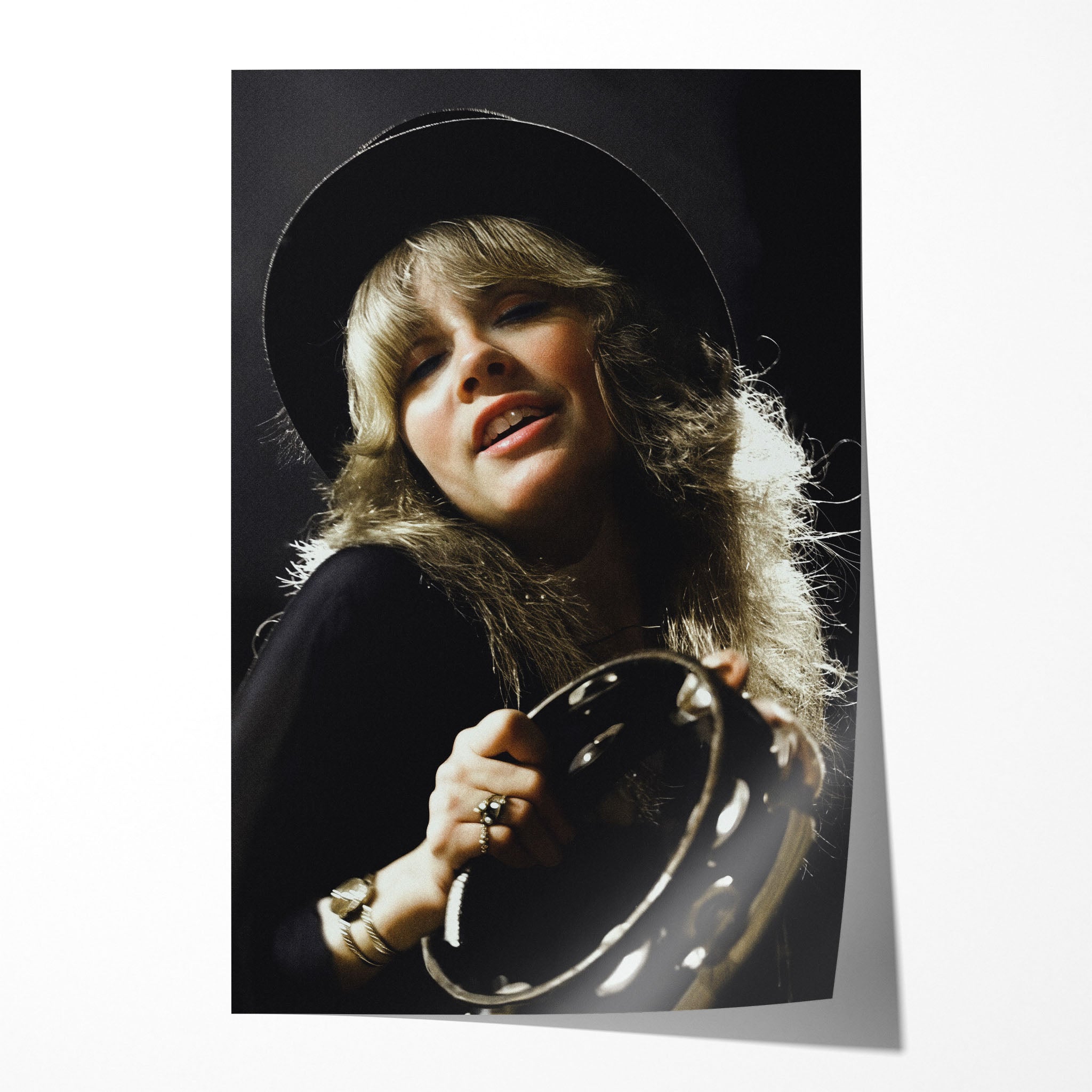 Stevie Nicks Fleetwood Mac 1977 Oakland Day on the Green colour concert portrait with top hat and tambourine, unframed poster preview