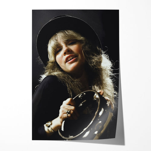 Stevie Nicks Fleetwood Mac 1977 Oakland Day on the Green colour concert portrait with top hat and tambourine, unframed poster preview