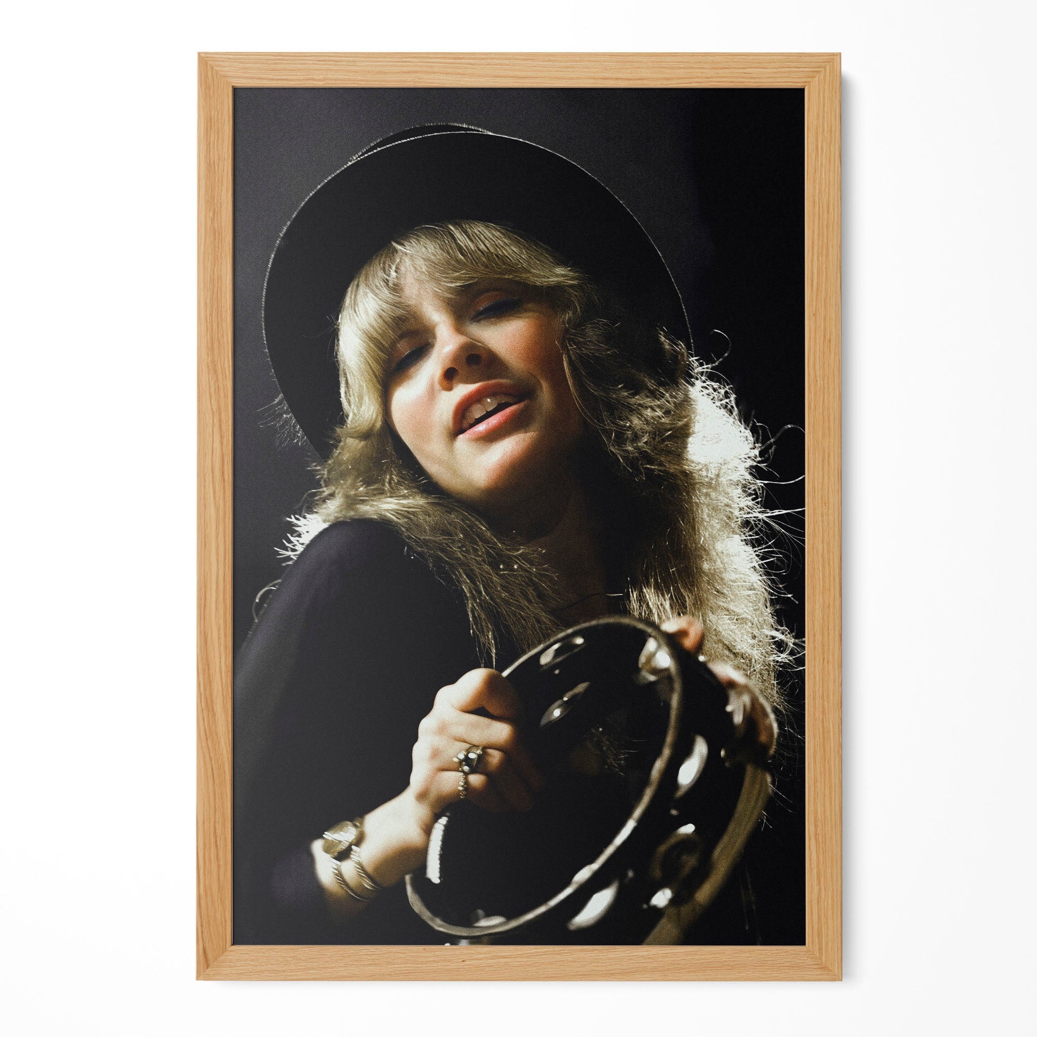 Stevie Nicks 1977 Rumours Tour Oakland Day on the Green colour concert portrait in a natural oak poster frame