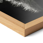 Corner close-up of the Stevie Nicks Rumours era black and white poster in a natural oak frame