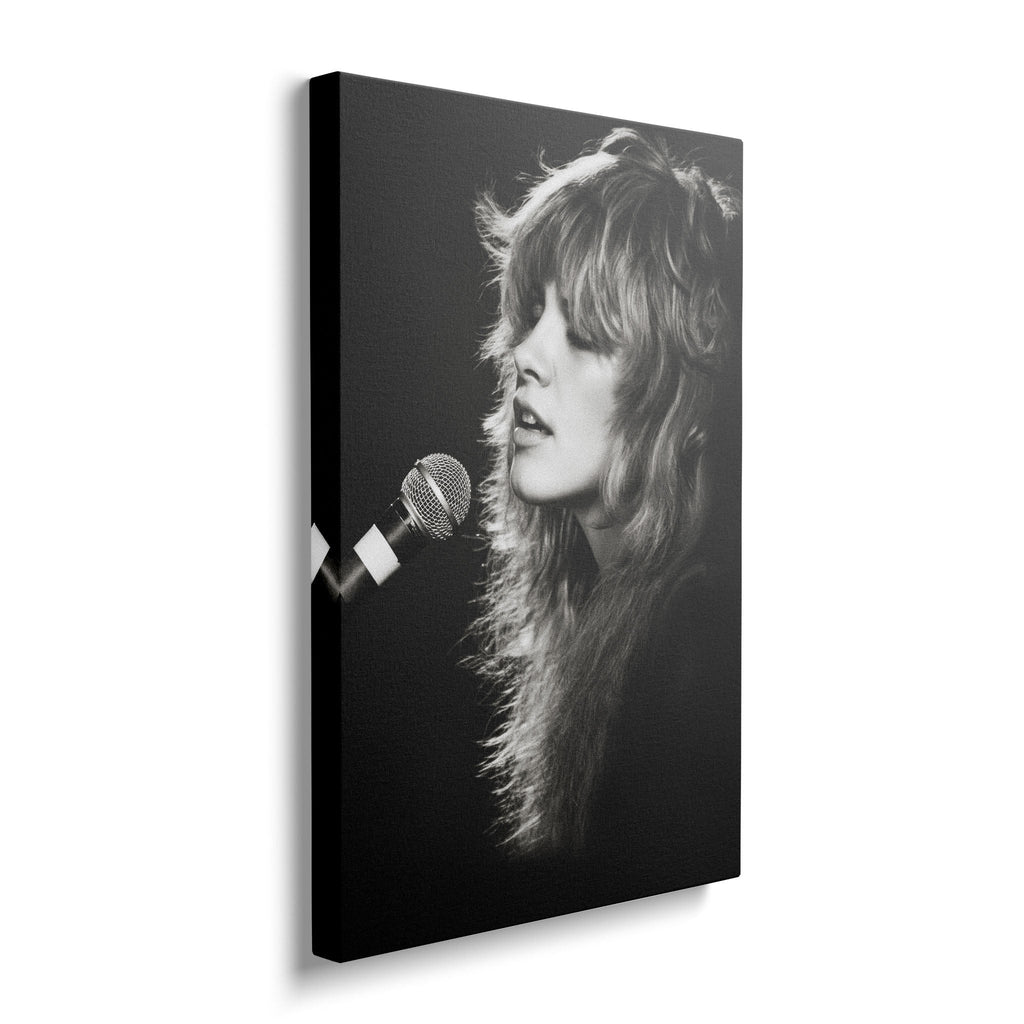Gallery-wrapped canvas of the Stevie Nicks Fleetwood Mac Rumours era black and white portrait