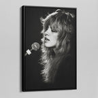 Angled view of the Stevie Nicks Rumours era black and white canvas in a black floating frame