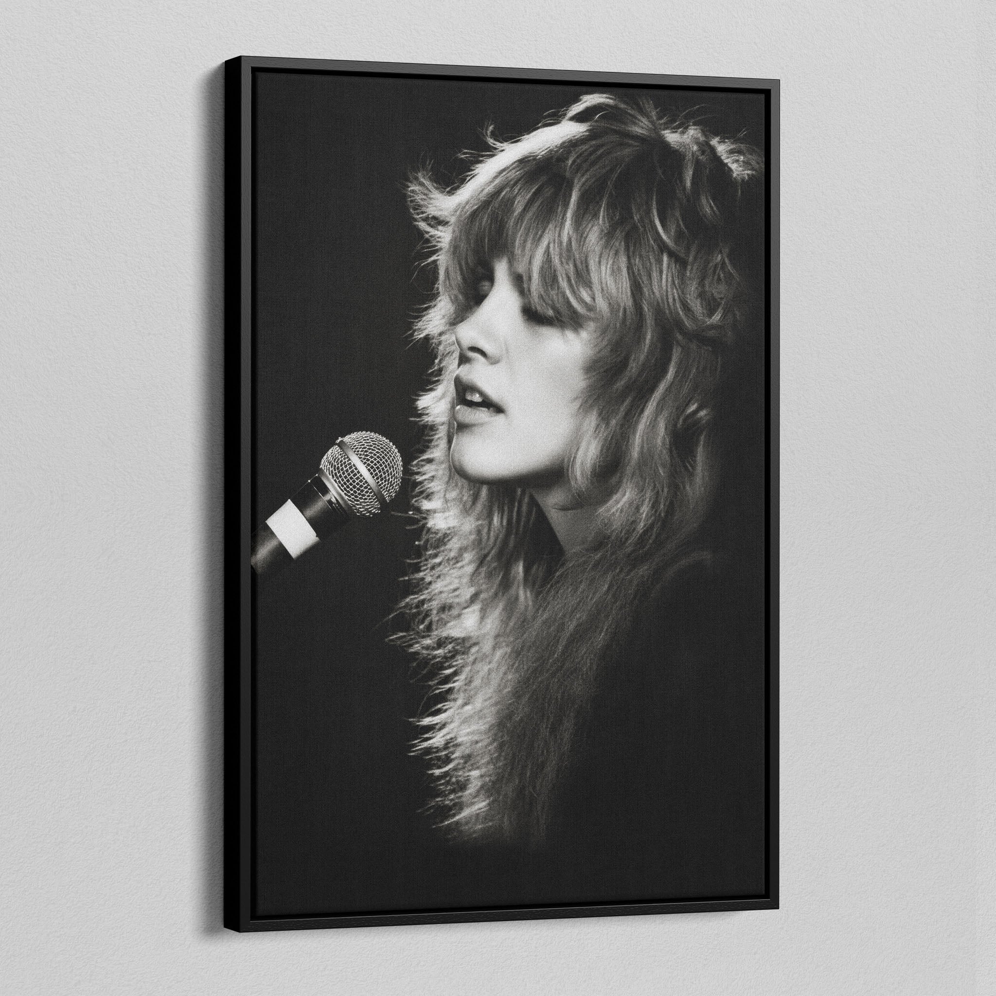 Angled view of the Stevie Nicks Rumours era black and white canvas in a black floating frame