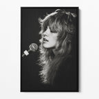 Front view of the Stevie Nicks Rumours era black and white canvas in a black floating frame