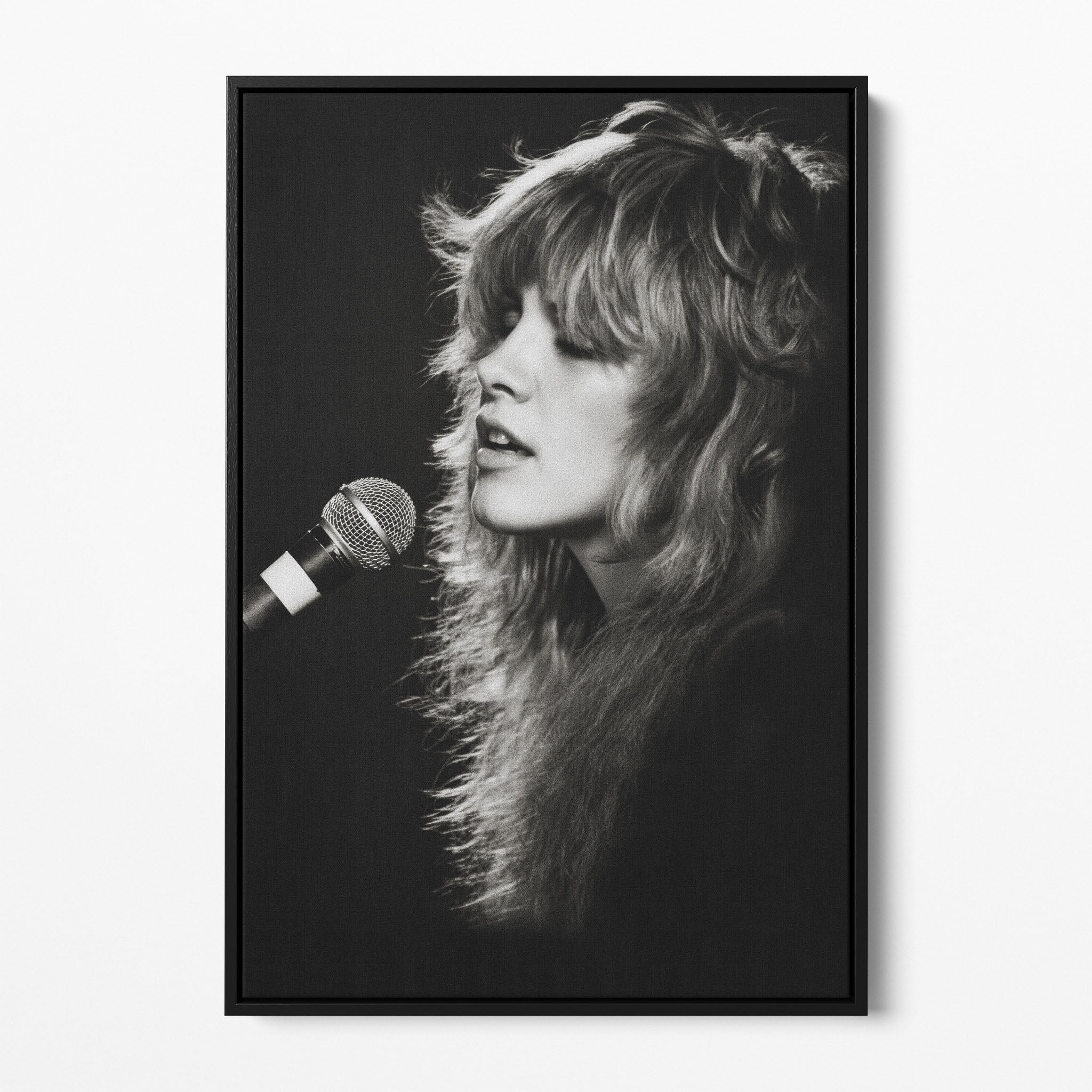 Front view of the Stevie Nicks Rumours era black and white canvas in a black floating frame