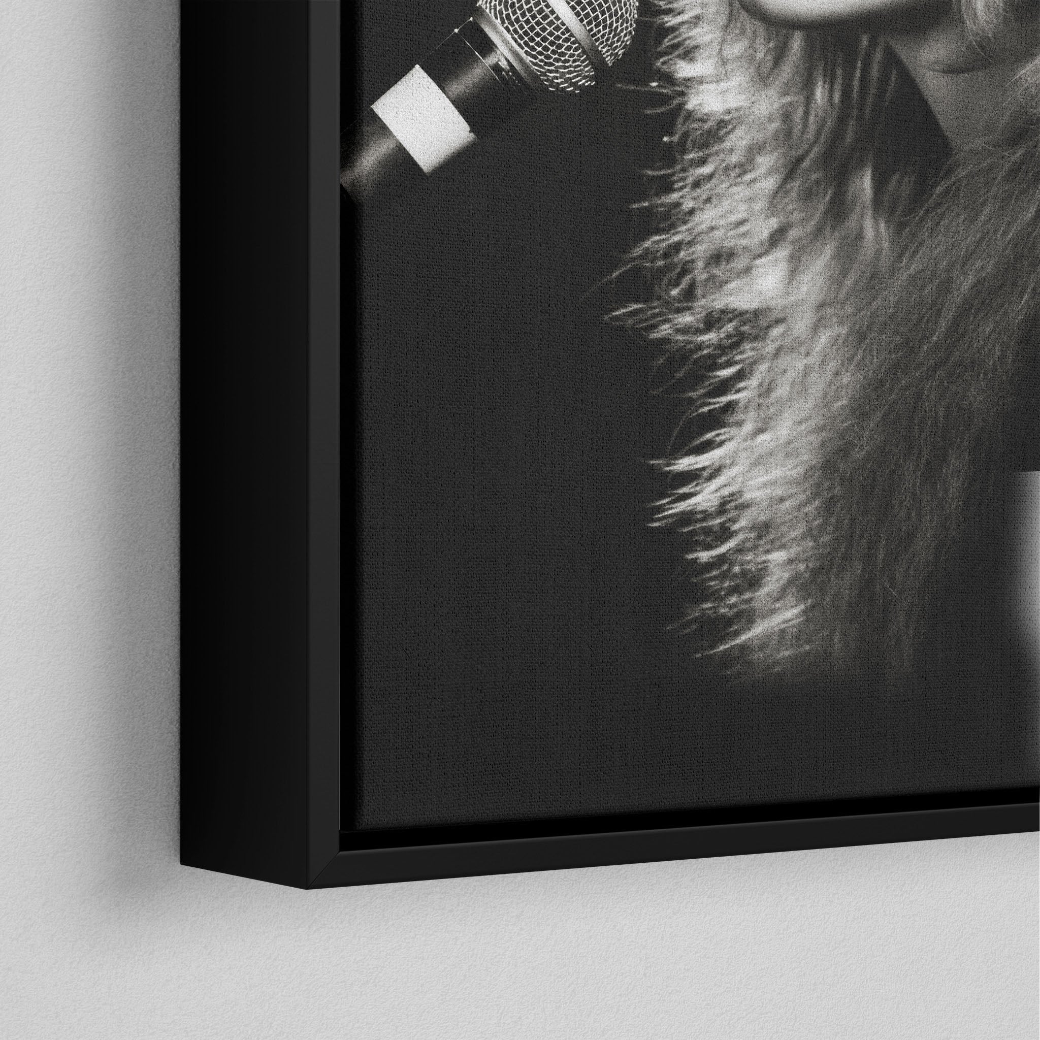 Corner close-up of the black floating frame on the Stevie Nicks Rumours era black and white canvas
