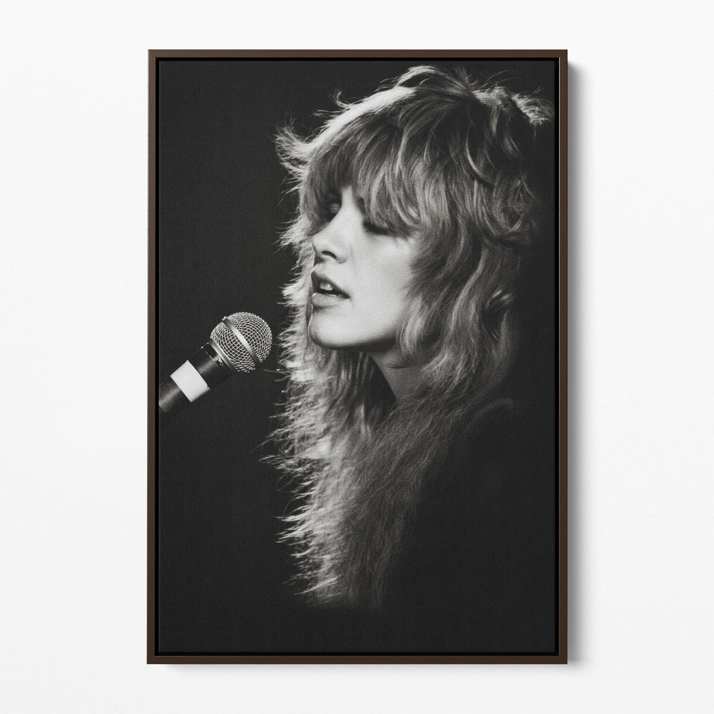 Front view of the Stevie Nicks Rumours era black and white canvas in a dark walnut floating frame