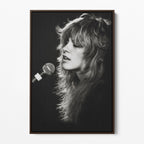 Front view of the Stevie Nicks Rumours era black and white canvas in a dark walnut floating frame