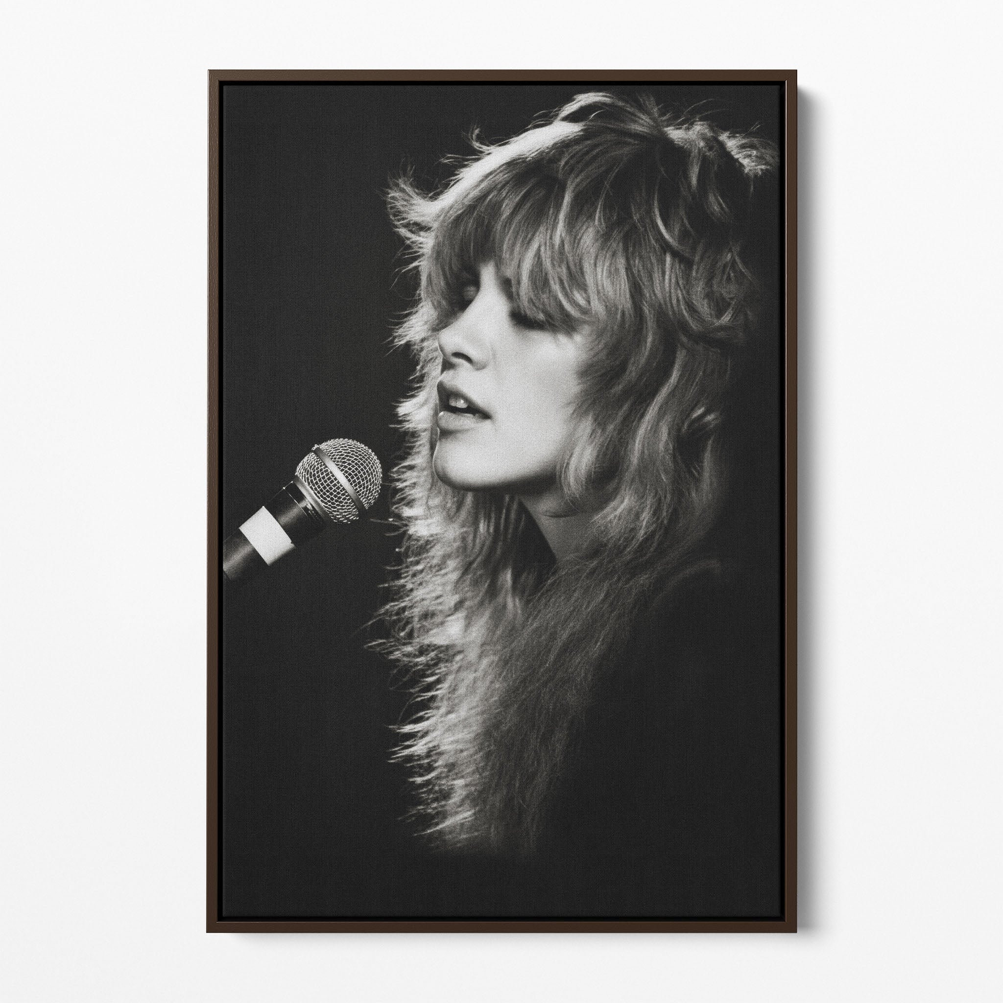 Front view of the Stevie Nicks Rumours era black and white canvas in a dark walnut floating frame