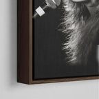 Corner close-up of the dark walnut floating frame on the Stevie Nicks Rumours era black and white canvas