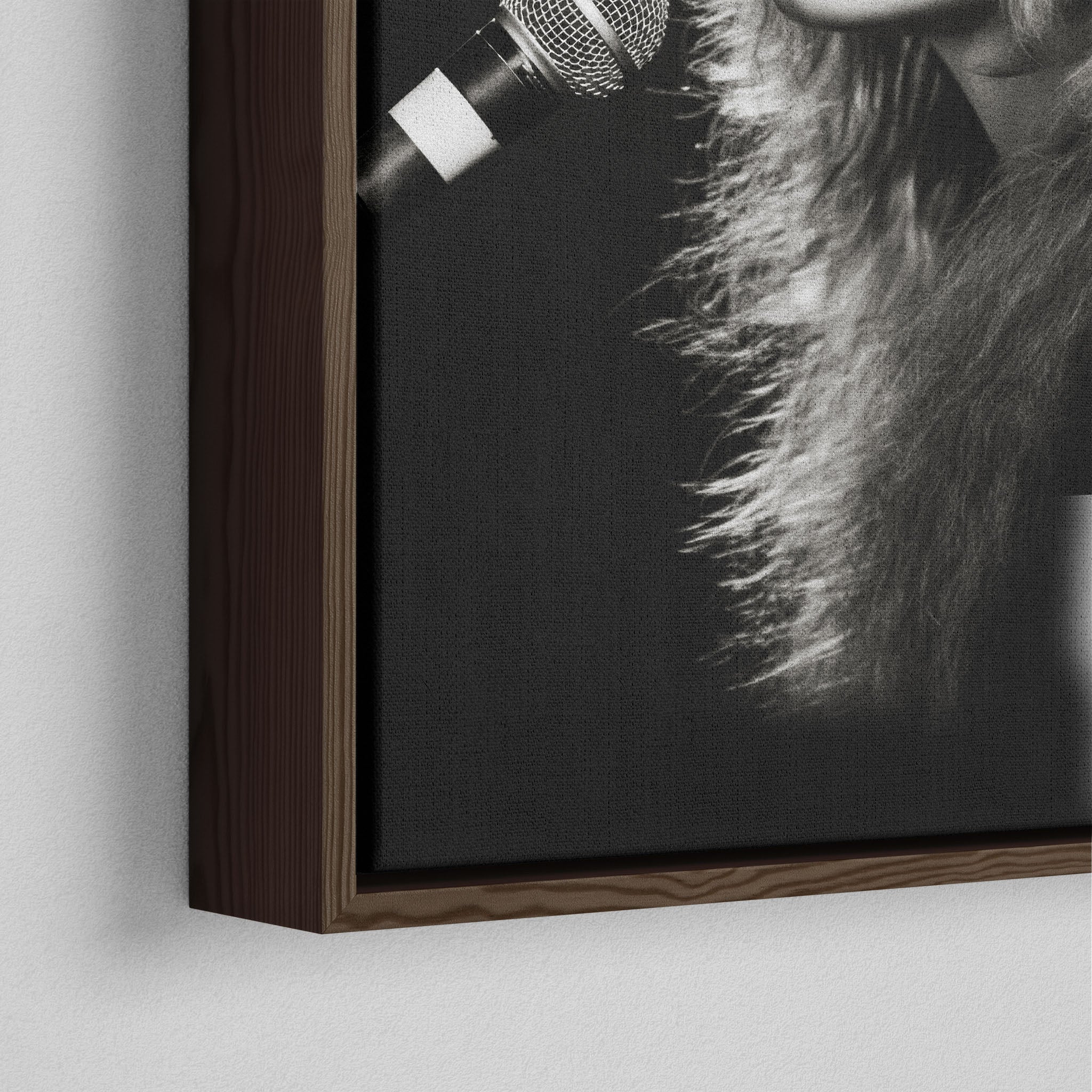 Corner close-up of the dark walnut floating frame on the Stevie Nicks Rumours era black and white canvas
