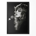 Stevie Nicks Rumours era black and white concert portrait in a classic black poster frame