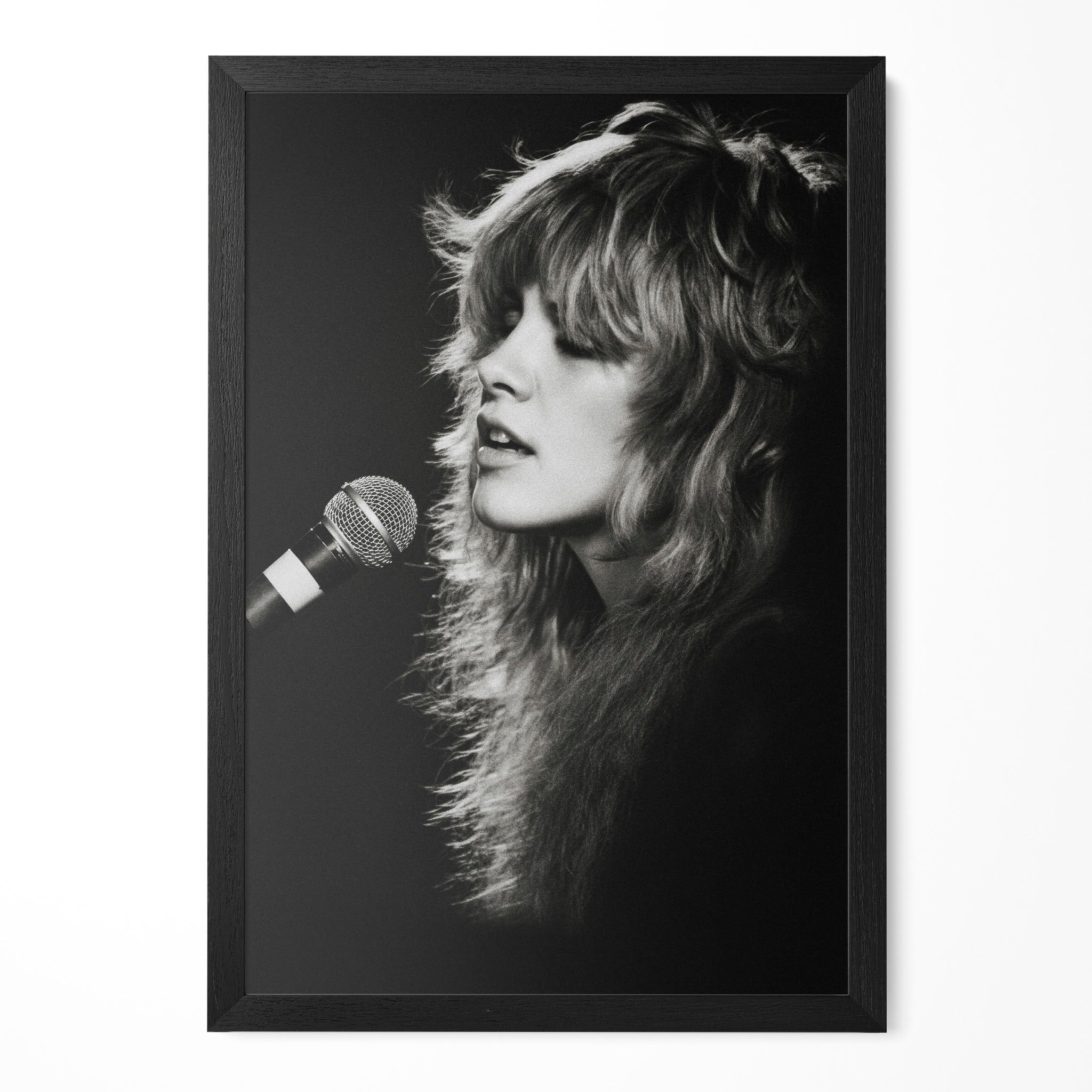 Stevie Nicks Rumours era black and white concert portrait in a classic black poster frame