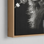 Corner close-up of the natural oak floating frame on the Stevie Nicks Rumours era black and white canvas