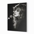 Stevie Nicks Rumours era black and white concert portrait on sleek aluminium metal