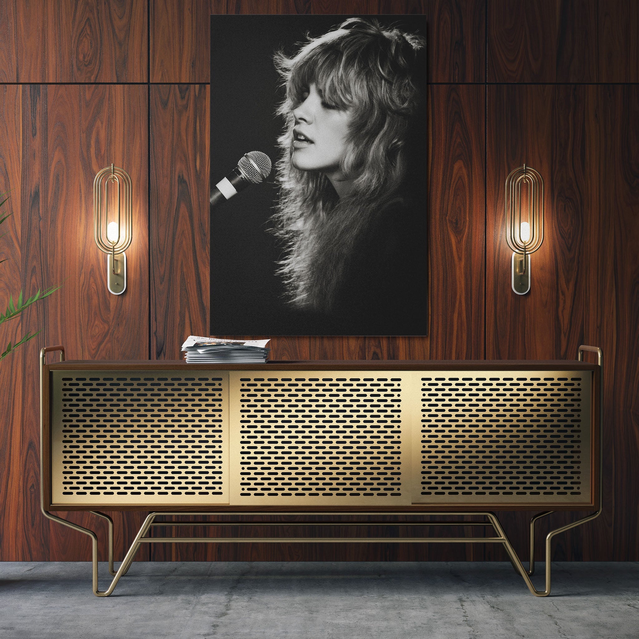 Aluminium metal print of the Stevie Nicks Fleetwood Mac Rumours era black and white portrait