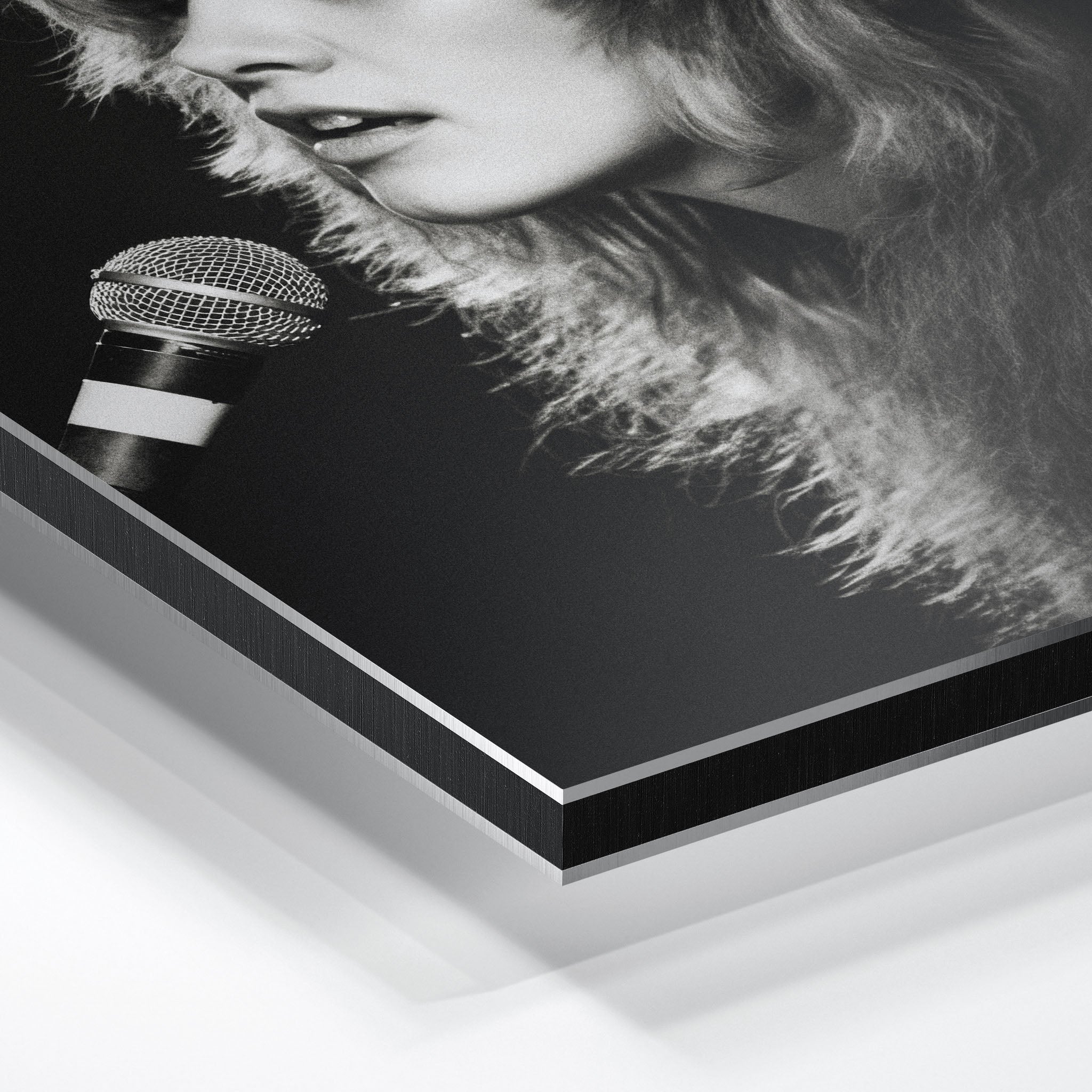 Close-up of the aluminium edge on the Stevie Nicks Rumours era black and white metal print