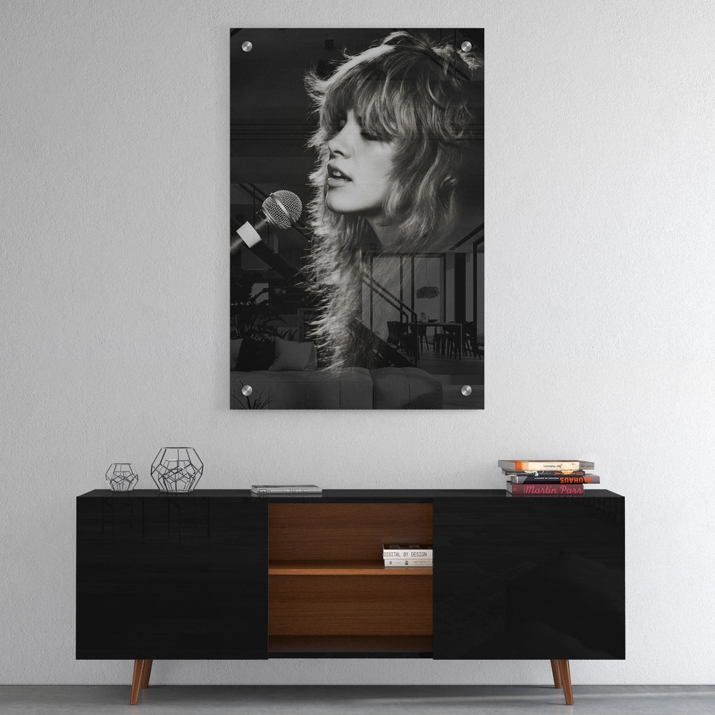 High-gloss acrylic print of the Stevie Nicks Fleetwood Mac Rumours era black and white portrait